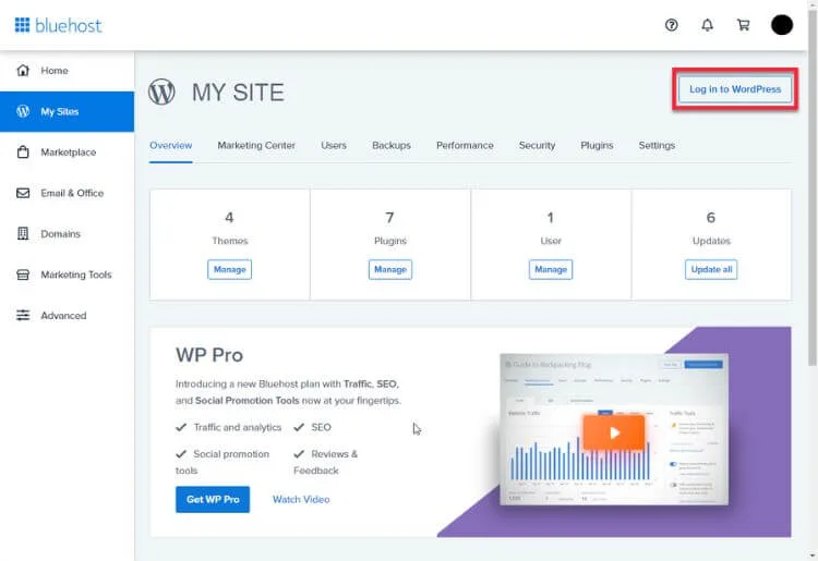 WordPress website with Bluehost Site overview